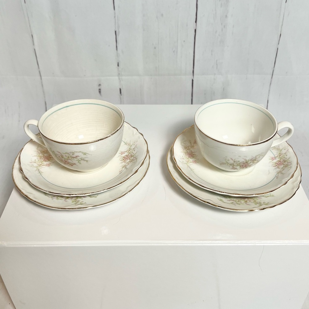 Vintage Sterling China Pink Floral Teacups Saucers Bread Plates 6 Pc Set Cottage